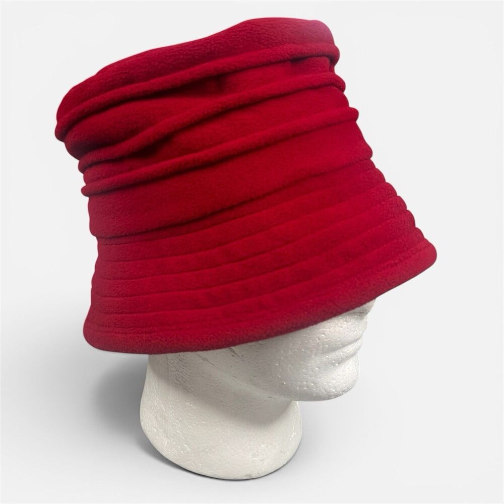 VTG LL Bean Bucket Hat Womens Red Fleece Cloche Retro MOD Ruched Winter Packable